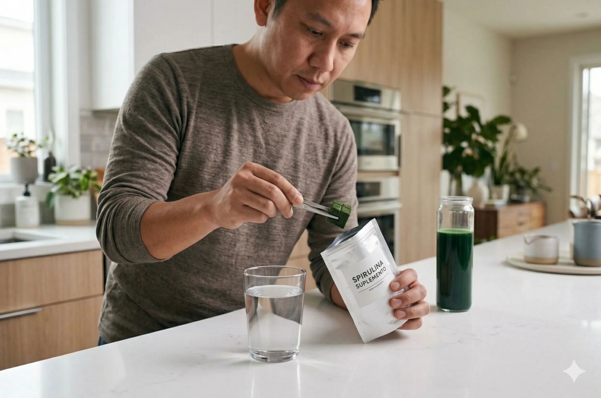 Porción de espirulina fresca lista para mezclar